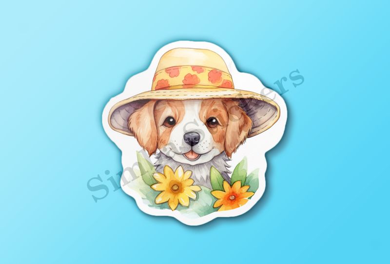 Dog in a hat, with flowers