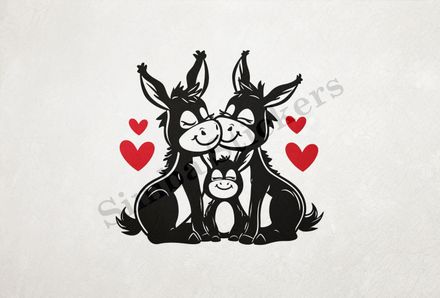 Donkey family, parents in love, hearts in picture, outline art