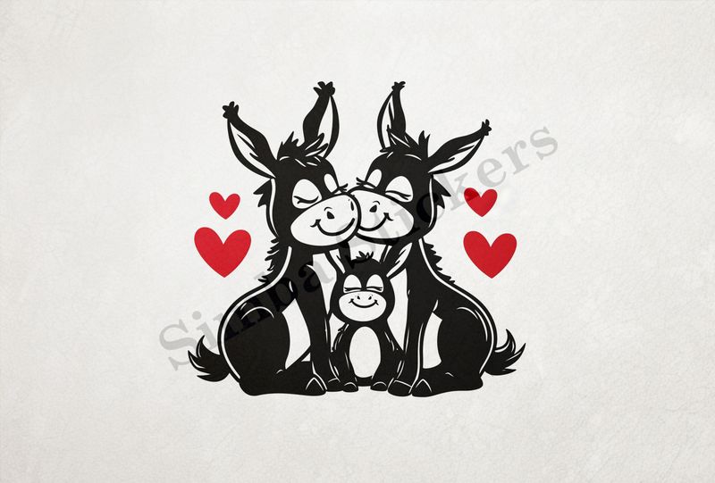 Donkey family, parents in love, hearts in picture, outline art