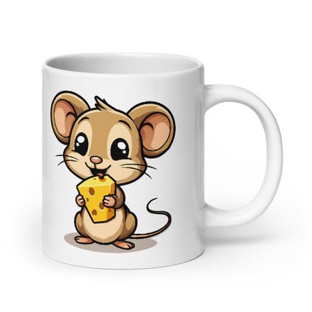 White Glossy Mug, 20oz, Small Mouse happily licking large chunk of cheese, pqapy6