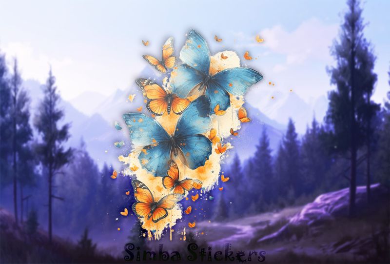 Blue butterflies flying in pattern, watercolour, b9zqtd