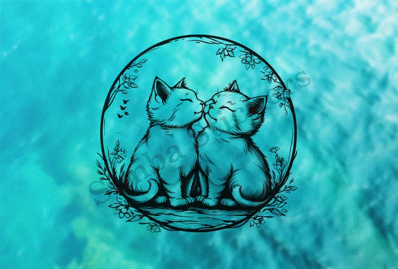 Cats in love, in circle, outline art