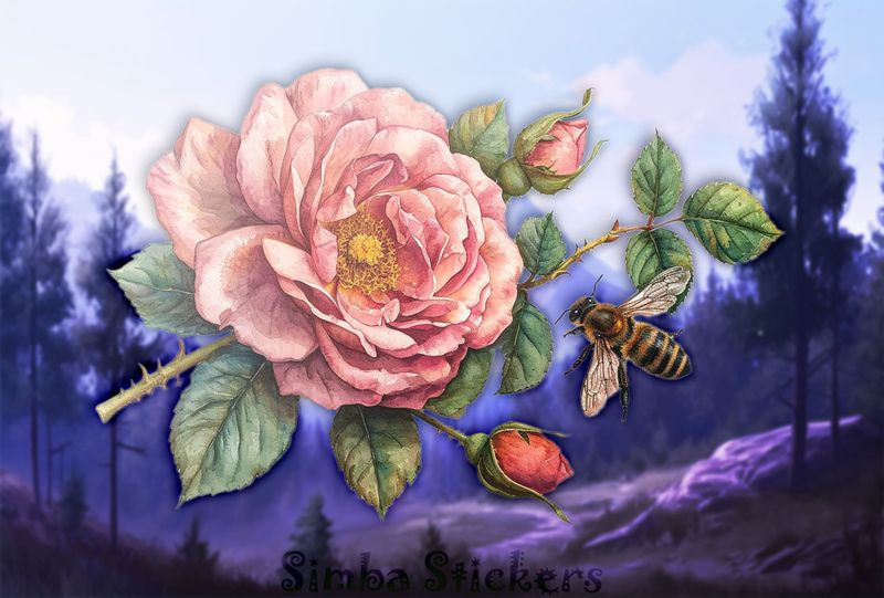 Bee buzzing around a rose flower