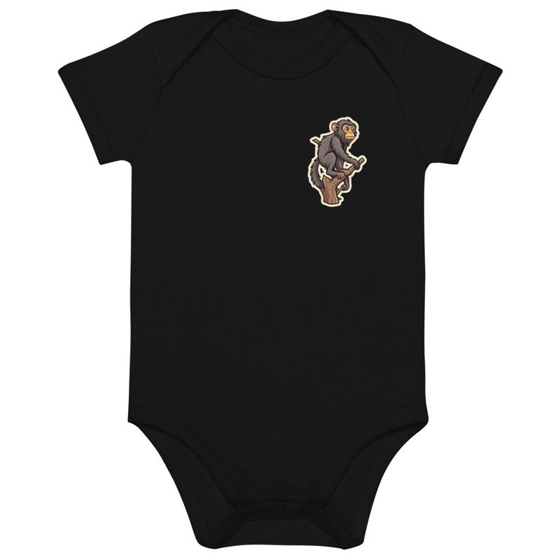 Organic Cotton Baby Bodysuit, 3-18 months, Baboon on a tree, looking sad, left chest