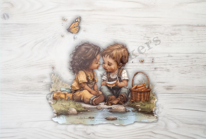 Boy and girl with a picnic basket by a pond, watercolour