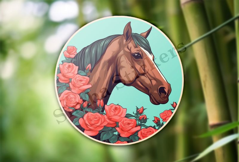 Brown horse smelling roses