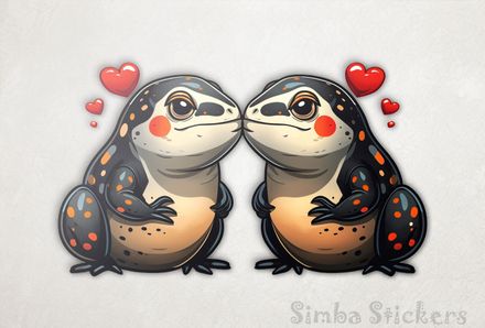 Chubby black, red and creamy lizards in love, with romantic hearts