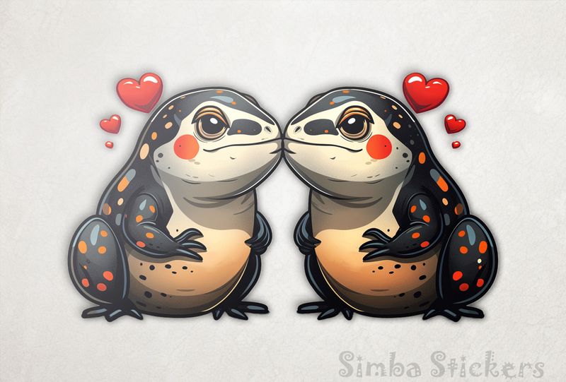 Chubby black, red and creamy lizards in love, with romantic hearts