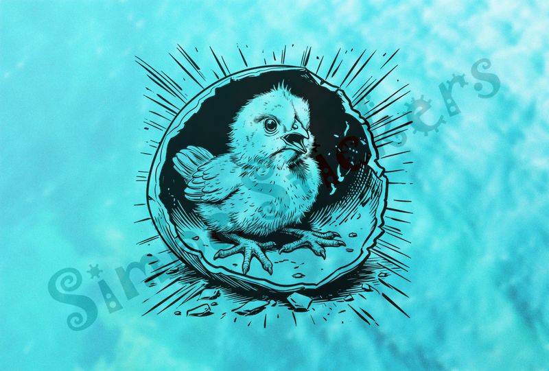 Chick still inside half-open shell, light behind shell, outline art