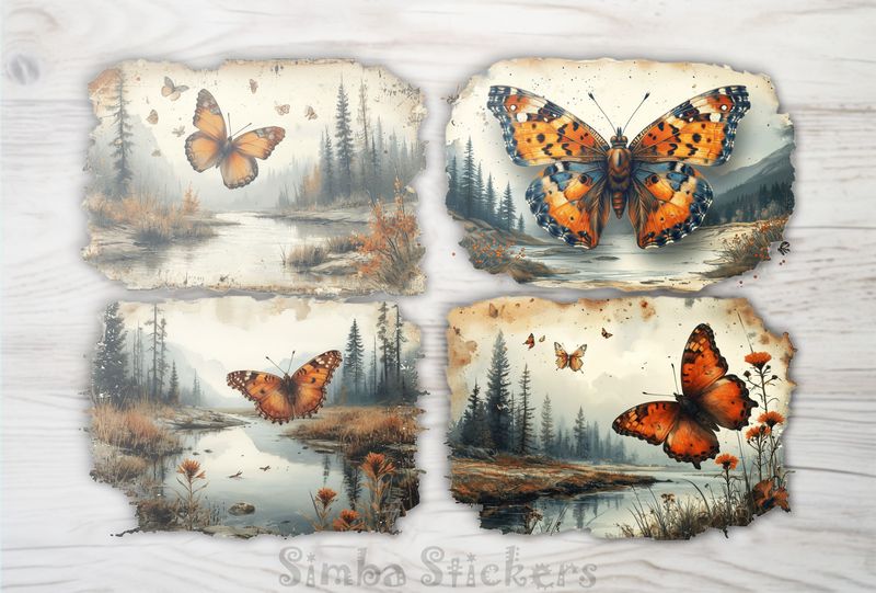 Butterflies floating above rivers, 4-in-1, vintage, ovoilc