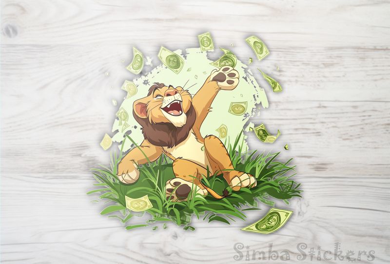 Simba Lion cub happily throwing up money in green grass