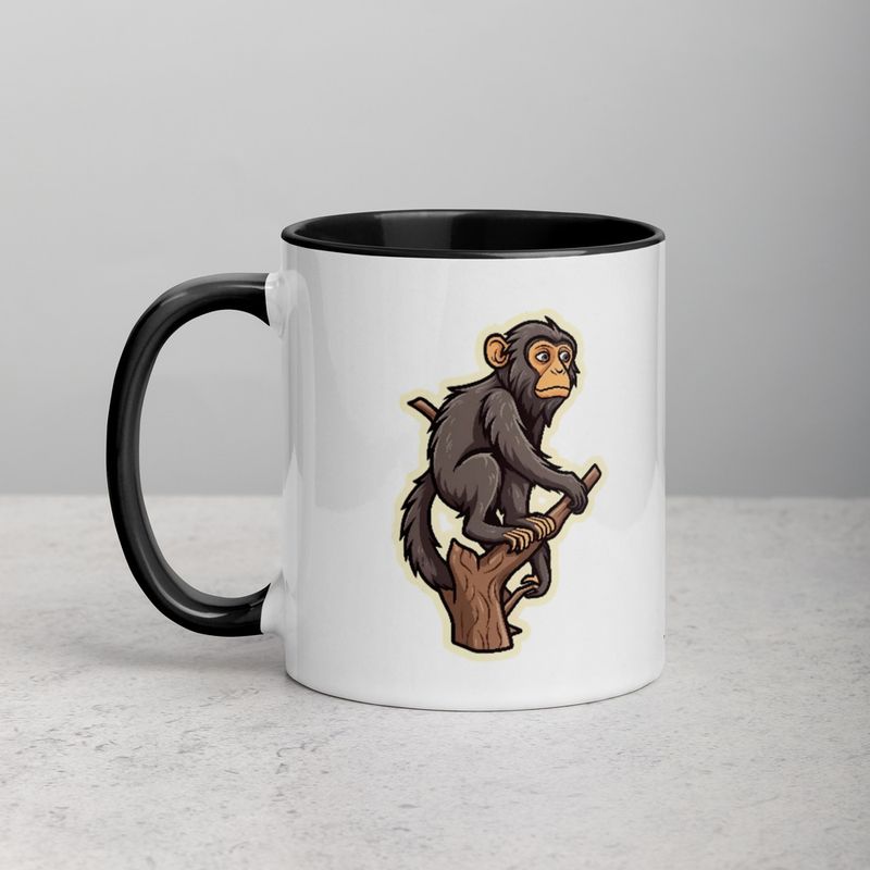 White Ceramic Mug with Color Inside, 11oz &amp; 15oz, Baboon on a tree, looking sad, head-to-head