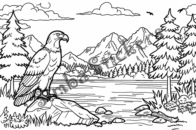 Colouring pages, bundle of eagles flying or in mountains, 10 images