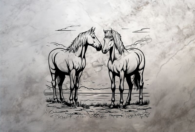 Horses in love, standing, outline art