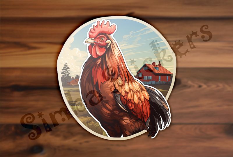 Brown-red chicken, free-range, with farmhouse in background