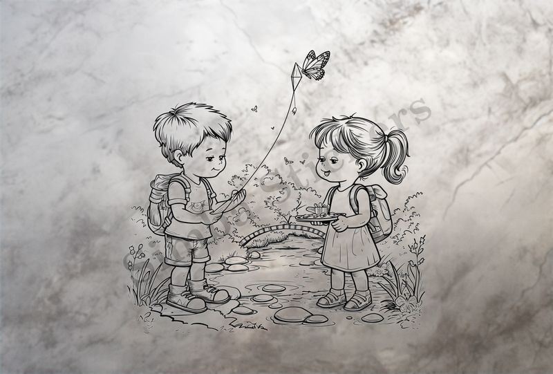 Boy and girl flying a kite while standing on rocks in a shallow river, outline art