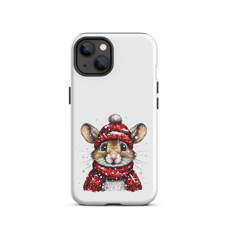 Tough Case for iPhone, Mouse wearing red winter hat and scarf in the snow, xg8dl3