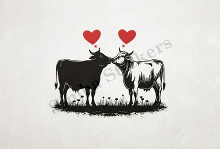 Bull and cow in love, standing, hearts in picture, outline art