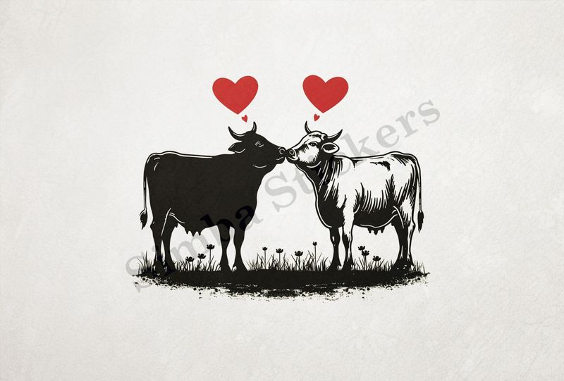 Bull and cow in love, standing, hearts in picture, outline art