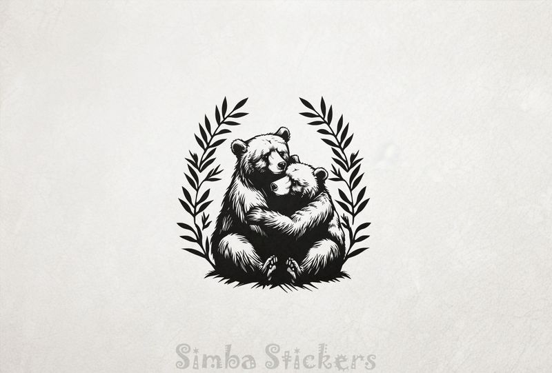 Bears in loving embrace in laurel wreath, outline art, ycthxg