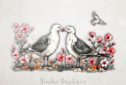 Seagulls in love beak-to-beak among colourful flowers, watercolour, zl4mlq