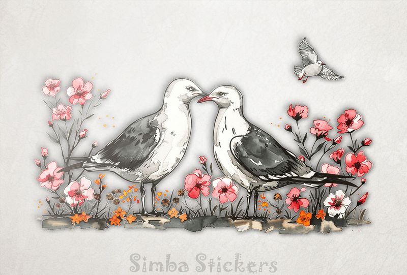 Seagulls in love beak-to-beak among colourful flowers, watercolour, zl4mlq