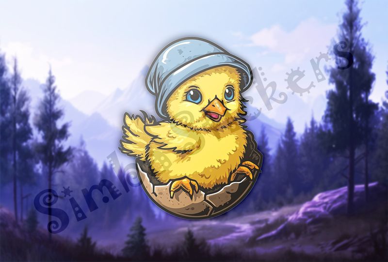 Chick in hat with feet on half-intact eggshell