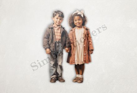 Boy and girls holding hands, smiling, bow in girl&#x27;s hair