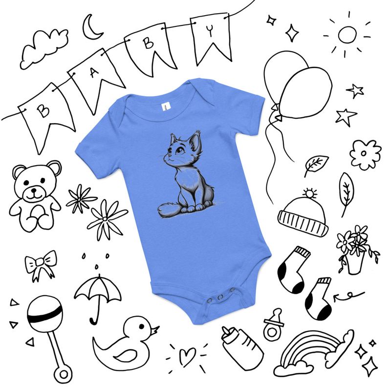 Baby Short Sleeve One Piece, 3-24 Months, Cat kitten sitting up, looking cute, mirrored