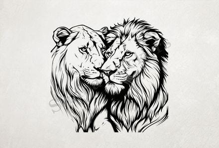 Lion and lioness cheek-to-cheek, romantic, outline art