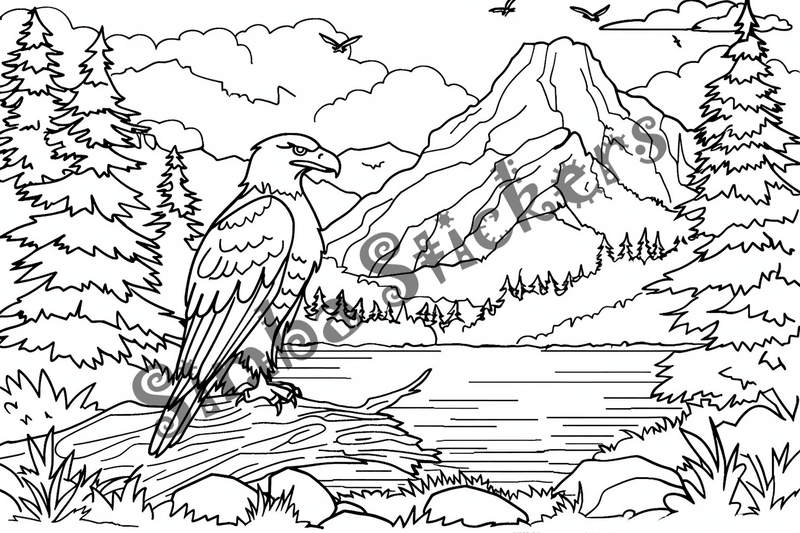 Colouring pages, bundle of eagles flying or in mountains, 10 images