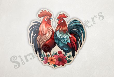 Hen and rooster chicken in love , flowers at their feet