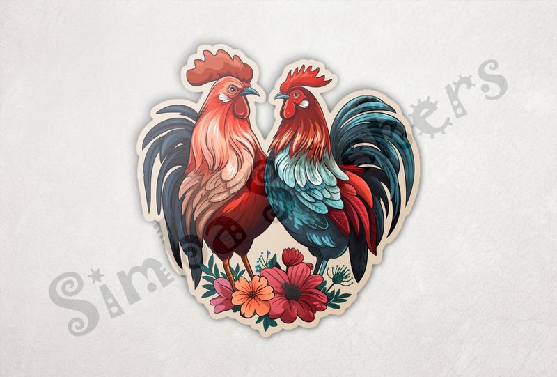 Hen and rooster chicken in love , flowers at their feet
