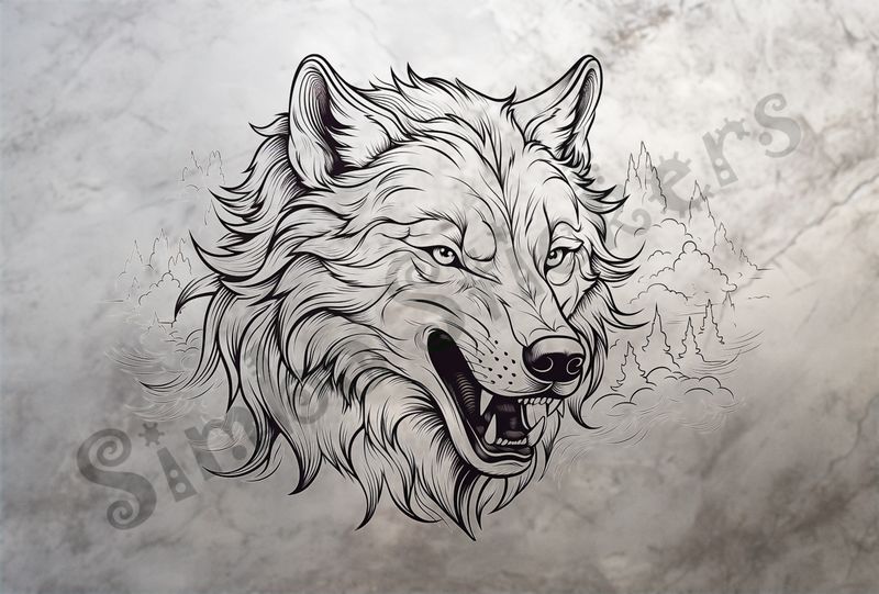 Wolf snarling, face close-up, outline art