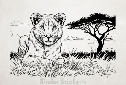 Lioness lying on the grass, outline art, gmh1h3