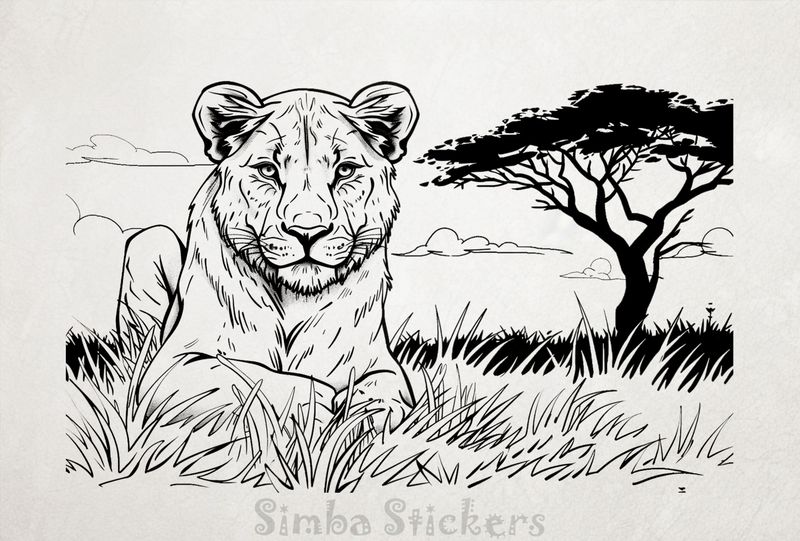 Lioness lying on the grass, outline art, gmh1h3