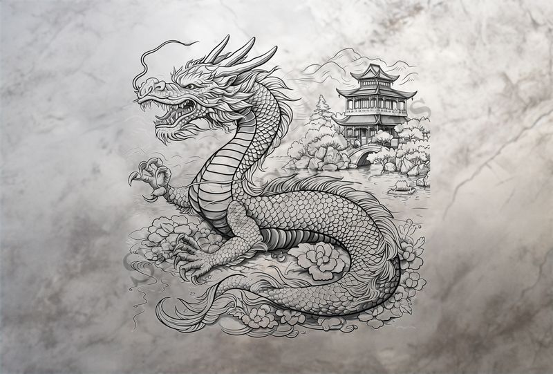Chinese dragon across the pond from stylish house, outline art