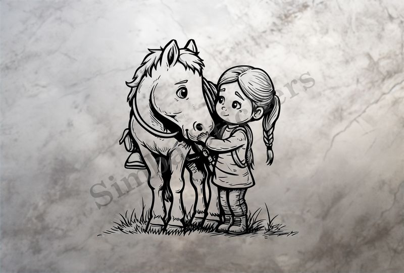 Horse being petted by a small girl, outline art