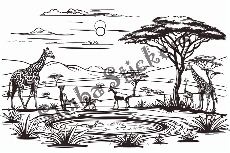 Colouring pages, bundle of African Savanna landscape, 25 images