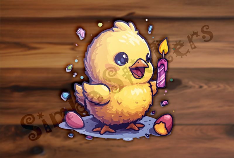 Chick happy holding up birthday candle