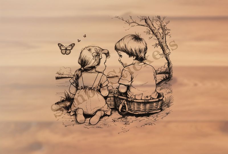 Boy and girl  by the river bank, boy in picnic basket, outline art