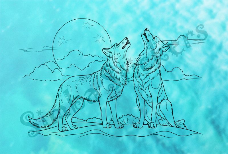 Wolves howling at the moon, outline art