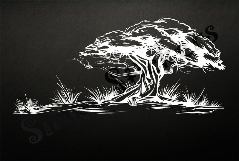 African Savanna landscape, giant tree, outline art