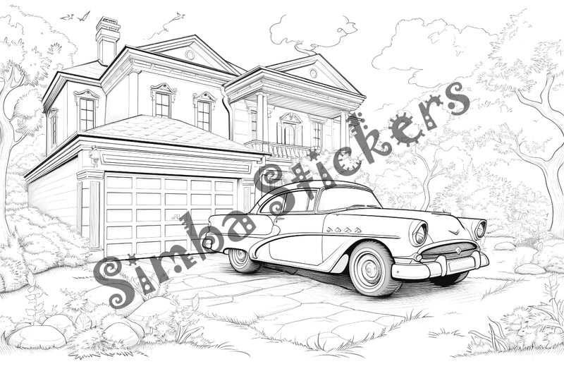 Colouring pages, bundle of houses with car in front, 10 images