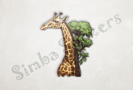 Giraffe standing tall next to tree, towering above it