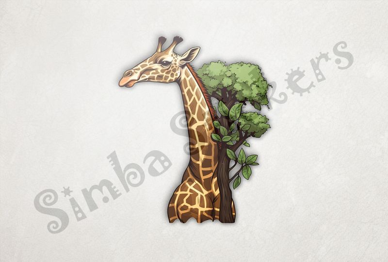 Giraffe standing tall next to tree, towering above it