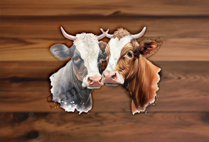 Cows, black and brown,  nose-to-nose, watercolour
