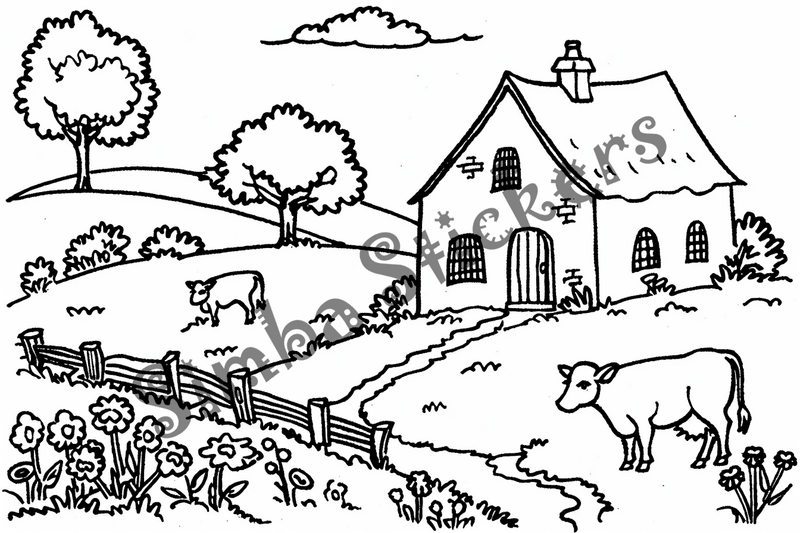 Colouring pages, bundle of cattle on beautiful farm, 10 images