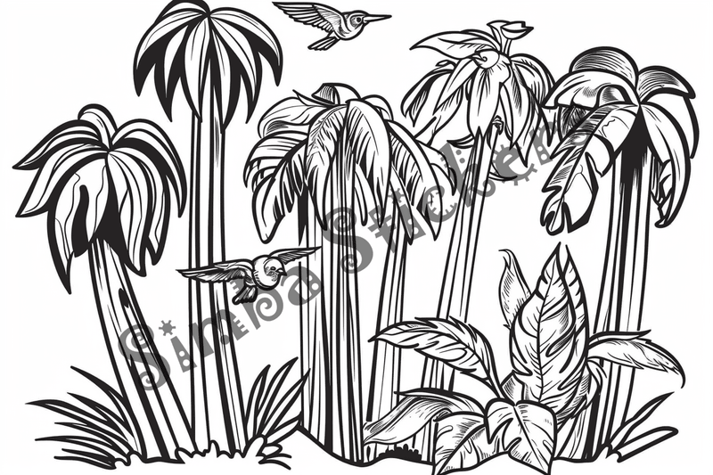 Colouring pages, bundle of Equatorial Rainforest landscape, 25 images