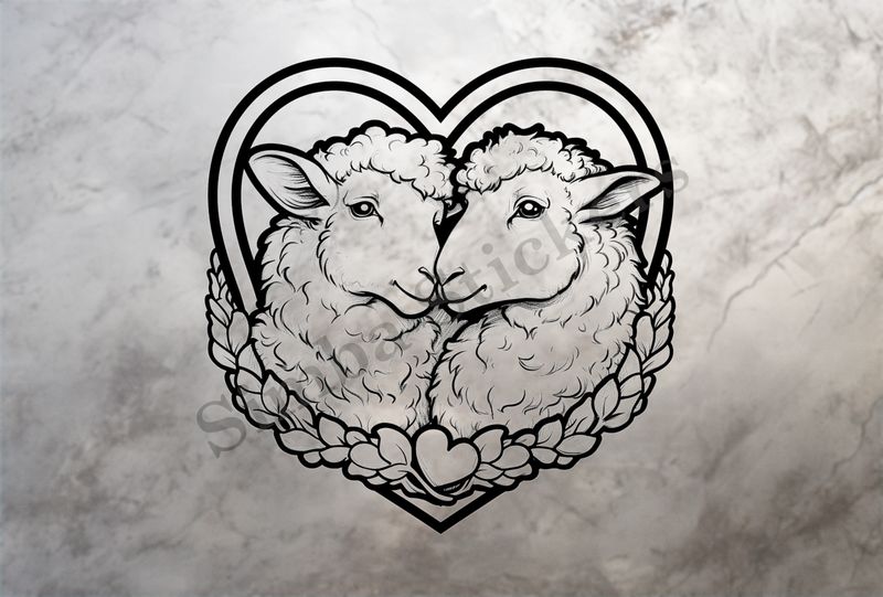 Sheep in love, under heart-shaped frame, outline art